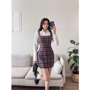 Ekoseli Gömlek Elbise - BORDO