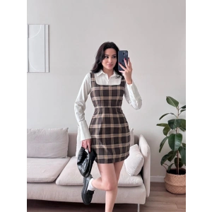 Ekoseli Gömlek Elbise - KAHVE