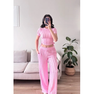 Yan Büzgü Pantolon Takım - PEMBE