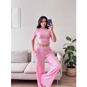 Yan Büzgü Pantolon Takım - PEMBE