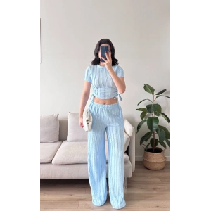 Yan Büzgü Pantolon Takım - BEBE MAVİSİ