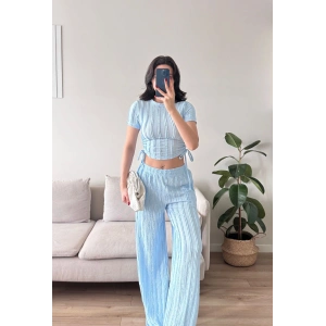 Yan Büzgü Pantolon Takım - BEBE MAVİSİ