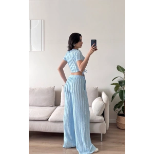 Yan Büzgü Pantolon Takım - BEBE MAVİSİ