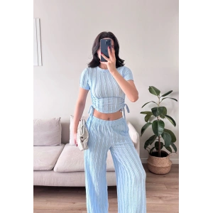Yan Büzgü Pantolon Takım - BEBE MAVİSİ