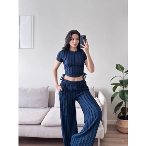 Yan Büzgü Pantolon Takım - LACİVERT