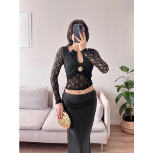 Boyun Aksesuar Dantel Bluz - SİYAH