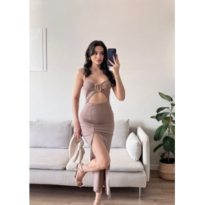 Aksesuarlı Derin Yırtmaç Elbise - VİZON