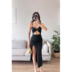 Aksesuarlı Derin Yırtmaç Elbise - SİYAH