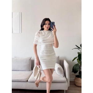 Tül Pelerin Drapeli Elbise - BEYAZ