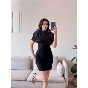 Tül Pelerin Drapeli Elbise - SİYAH