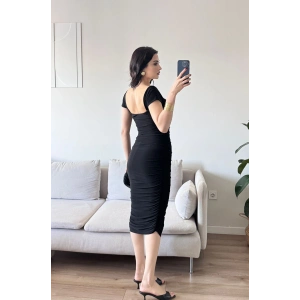 Yan Büzgülü Madona Elbise - SİYAH