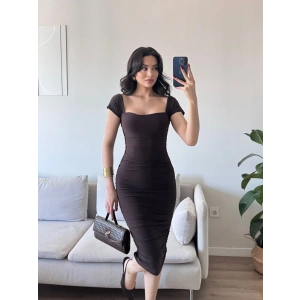 Yan Büzgülü Madona Elbise - KAHVE