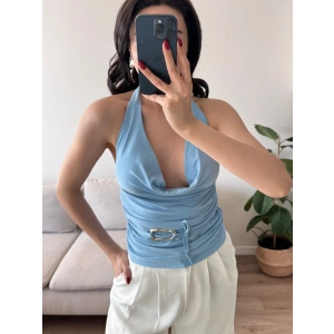 Degaje Yaka Aksesuar Crop - MAVİ