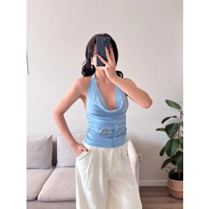 Degaje Yaka Aksesuar Crop - MAVİ