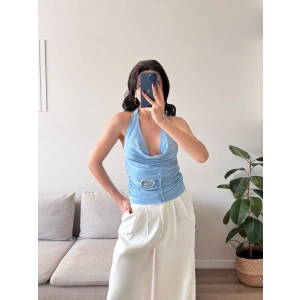 Degaje Yaka Aksesuar Crop - MAVİ