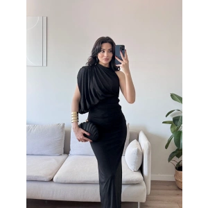 Tek Omuz Drapeli Elbise - SİYAH