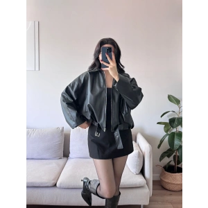 Oversize Kemerli Deri Ceket - SİYAH