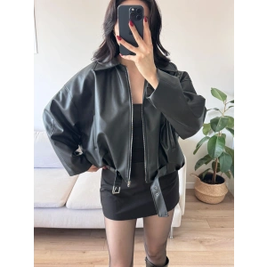 Oversize Kemerli Deri Ceket - SİYAH