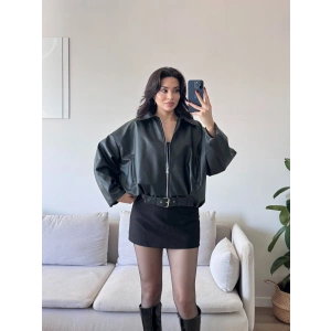 Oversize Kemerli Deri Ceket - SİYAH