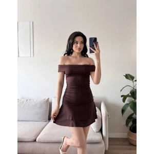 Madonna Yaka Fırfırlı Elbise - KAHVE