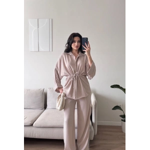 Luna Beli Büzgülü Rahat Kesim İkili Takım - BEJ