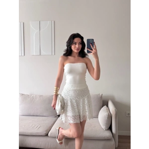 Dantel Volanlı Mini Etek - BEYAZ