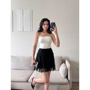 Dantel Volanlı Mini Etek - SİYAH