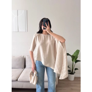 Oversize Asimetrik Yazlık Panço Bluz - BEJ
