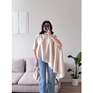 Oversize Asimetrik Yazlık Panço Bluz - BEJ