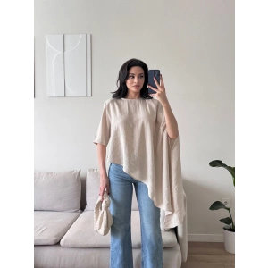 Oversize Asimetrik Yazlık Panço Bluz - BEJ