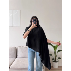 Oversize Asimetrik Yazlık Panço Bluz - SİYAH
