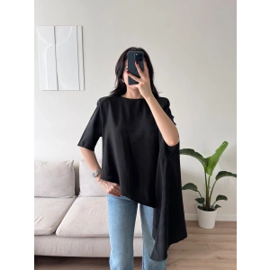 Oversize Asimetrik Yazlık Panço Bluz - SİYAH