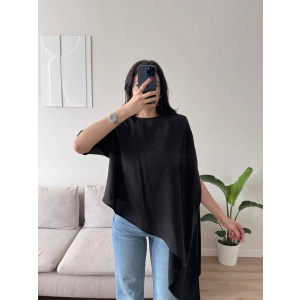 Oversize Asimetrik Yazlık Panço Bluz - SİYAH