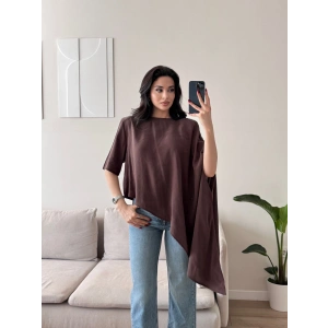Oversize Asimetrik Yazlık Panço Bluz - KAHVE