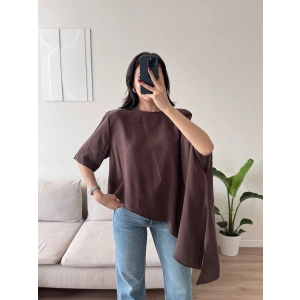 Oversize Asimetrik Yazlık Panço Bluz - KAHVE