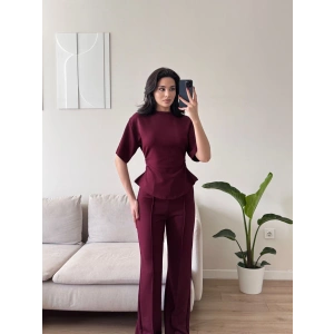 Peplum Kesim Üst Bol Paça Pantolon İkili Takım - BORDO