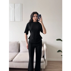 Peplum Kesim Üst Bol Paça Pantolon İkili Takım - SİYAH