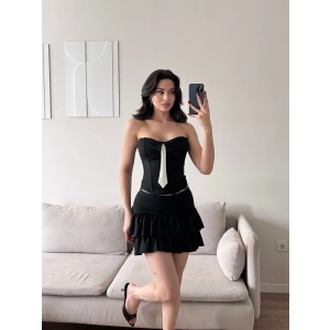 Kravat Detay Straplez Mini Elbise - SİYAH