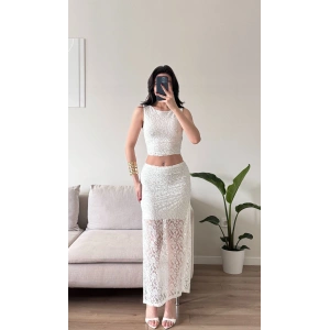 Dantel Crop Üst Transparan Uzun Etek Takım - BEYAZ