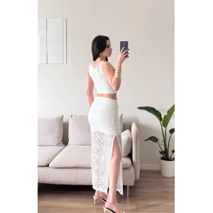 Dantel Crop Üst Transparan Uzun Etek Takım - BEYAZ