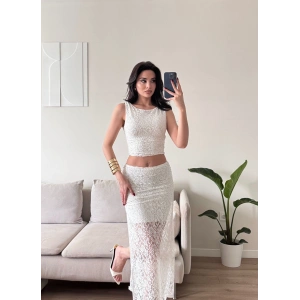 Dantel Crop Üst Transparan Uzun Etek Takım - BEYAZ