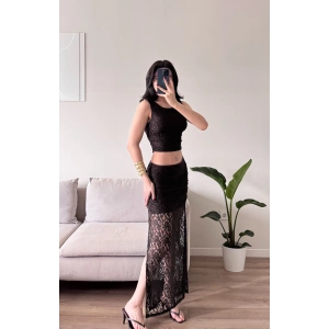 Dantel Crop Üst Transparan Uzun Etek Takım - KAHVE
