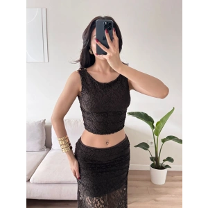 Dantel Crop Üst Transparan Uzun Etek Takım - KAHVE