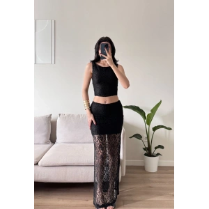 Dantel Crop Üst Transparan Uzun Etek Takım - SİYAH