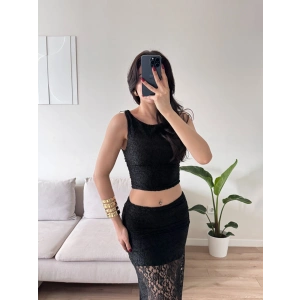 Dantel Crop Üst Transparan Uzun Etek Takım - SİYAH