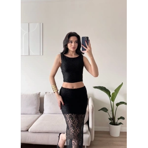 Dantel Crop Üst Transparan Uzun Etek Takım - SİYAH