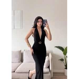 Boyun Bağlamalı Tokalı Uzun Elbise -SİYAH