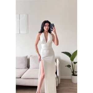 Halter Yaka Sırt Bağlamalı Yırtmaçlı Maxi Elbise - BEYAZ