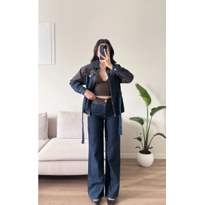 Çift Renk Denim Kuşaklı İkili Takım