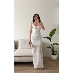 Bel Korse Eteği Tül Elbise - BEYAZ